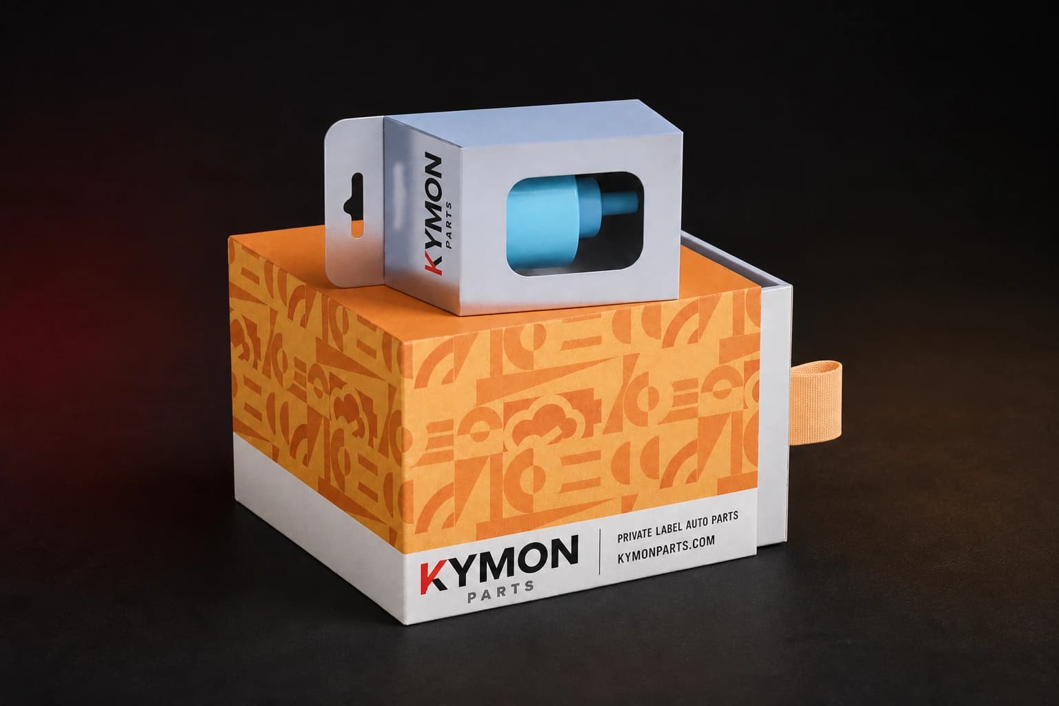 KYMON-branded private-label packaging concept with retail and shipping boxes